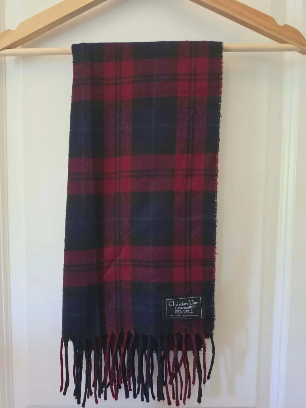 Vintage Christian Dior Cashmaire Acrylic Plaid Scarf England Red Black Tartan